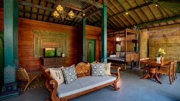 Two Bedroom private pool villas | Living area | 50-inch flat-screen TV with satellite channels, TV, fireplace