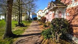 Un carrer residencial amb cases, cel blau clar i un camí arbrat.