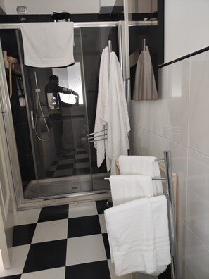 Chuveiro, secador de cabelo, bidê, toalhas de banho