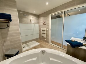 Ensemble baignoire-douche, séchoir à cheveux, serviettes fournies