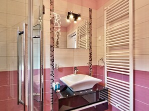 Shower, hair dryer, towels