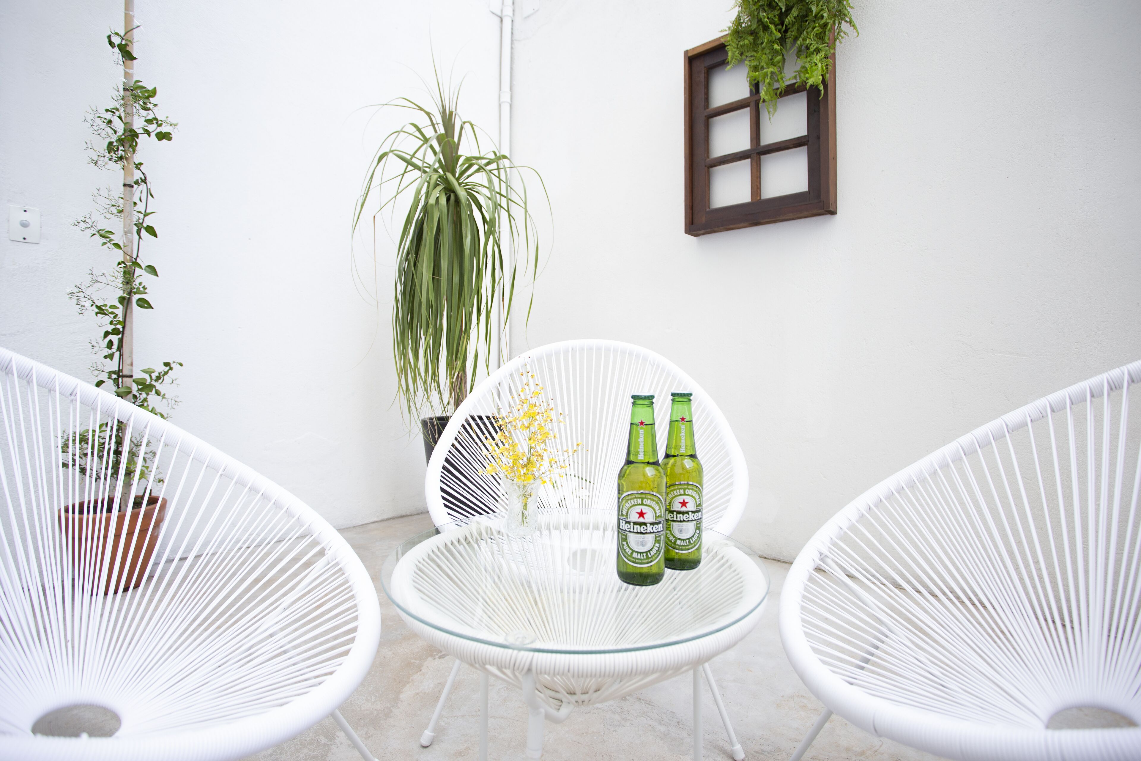Ein weißer Korbstuhl mit zwei Heineken Bierflaschen auf einem Glastisch, umgeben von weißen Wänden und Topfpflanzen.