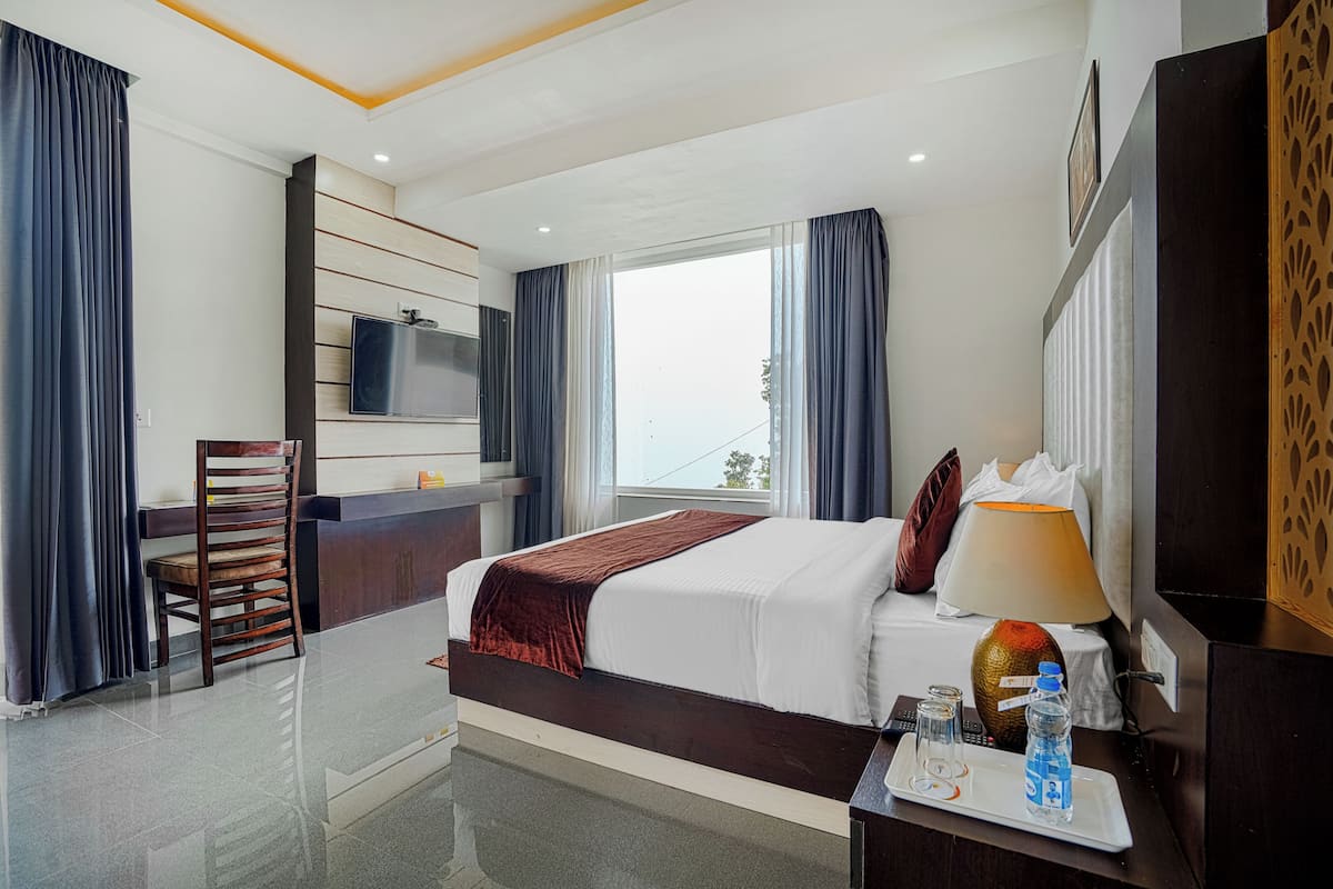 A hotel room with a bed, a desk, a TV, a window, and a view of the outdoors.