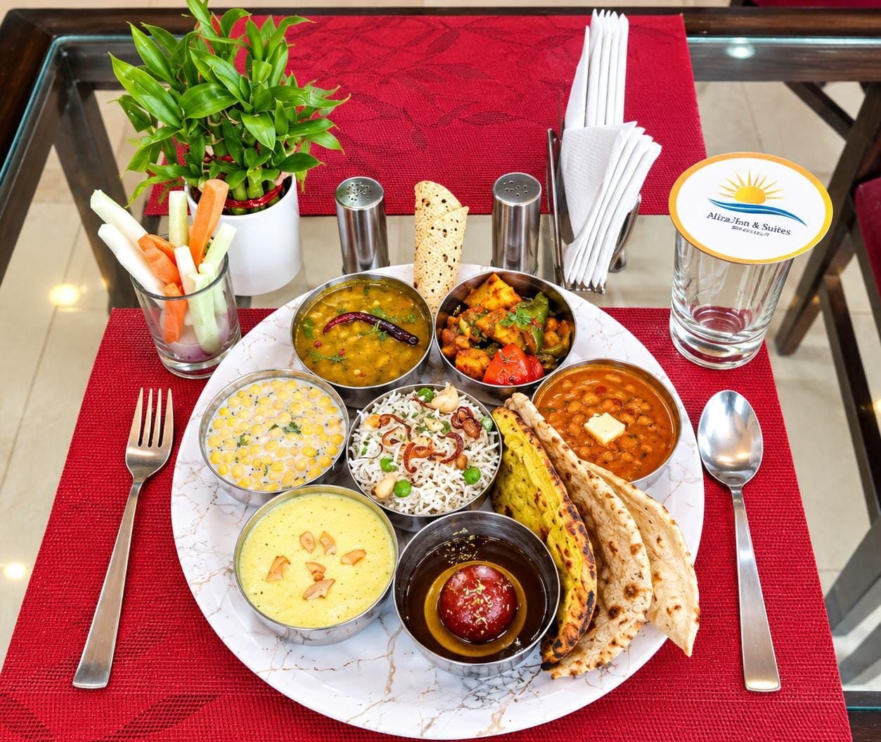 A dining table with a variety of Indian dishes, utensils, and a glass of water.