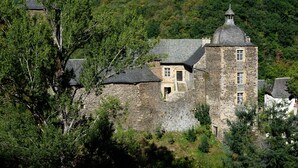 Un castillo de piedra con una torre, rodeado de árboles y colinas.