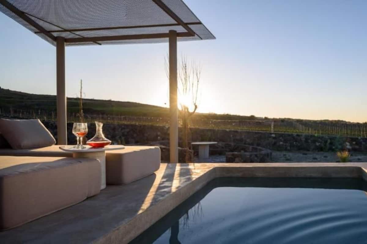 A serene outdoor setting with a pool, seating area, and a view of vineyards.