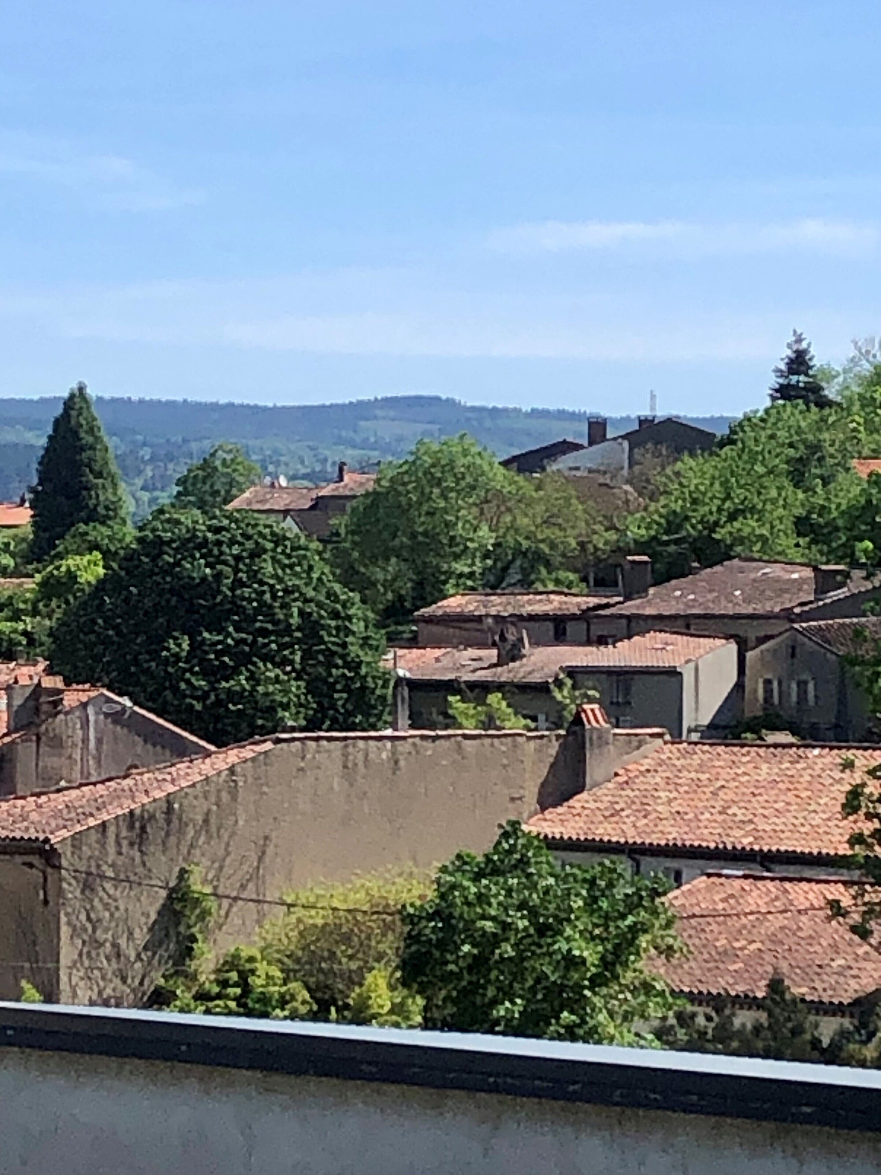 A view of a town with terracotta-roofed buildings, surrounded by greenery and hills in the background.