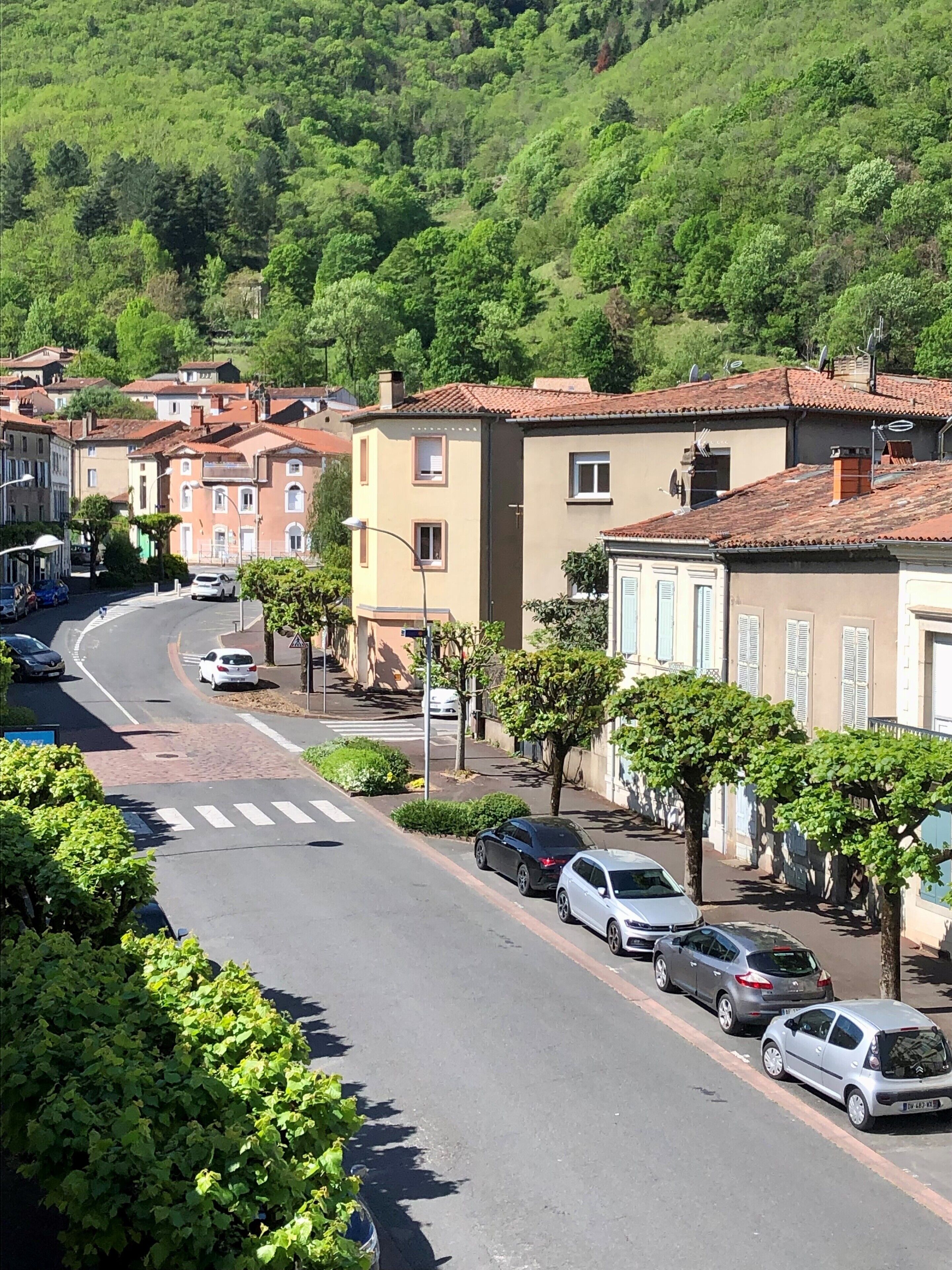 Une rue bordée de voitures garées et d’immeubles aux toits recouverts de tuiles rouges.