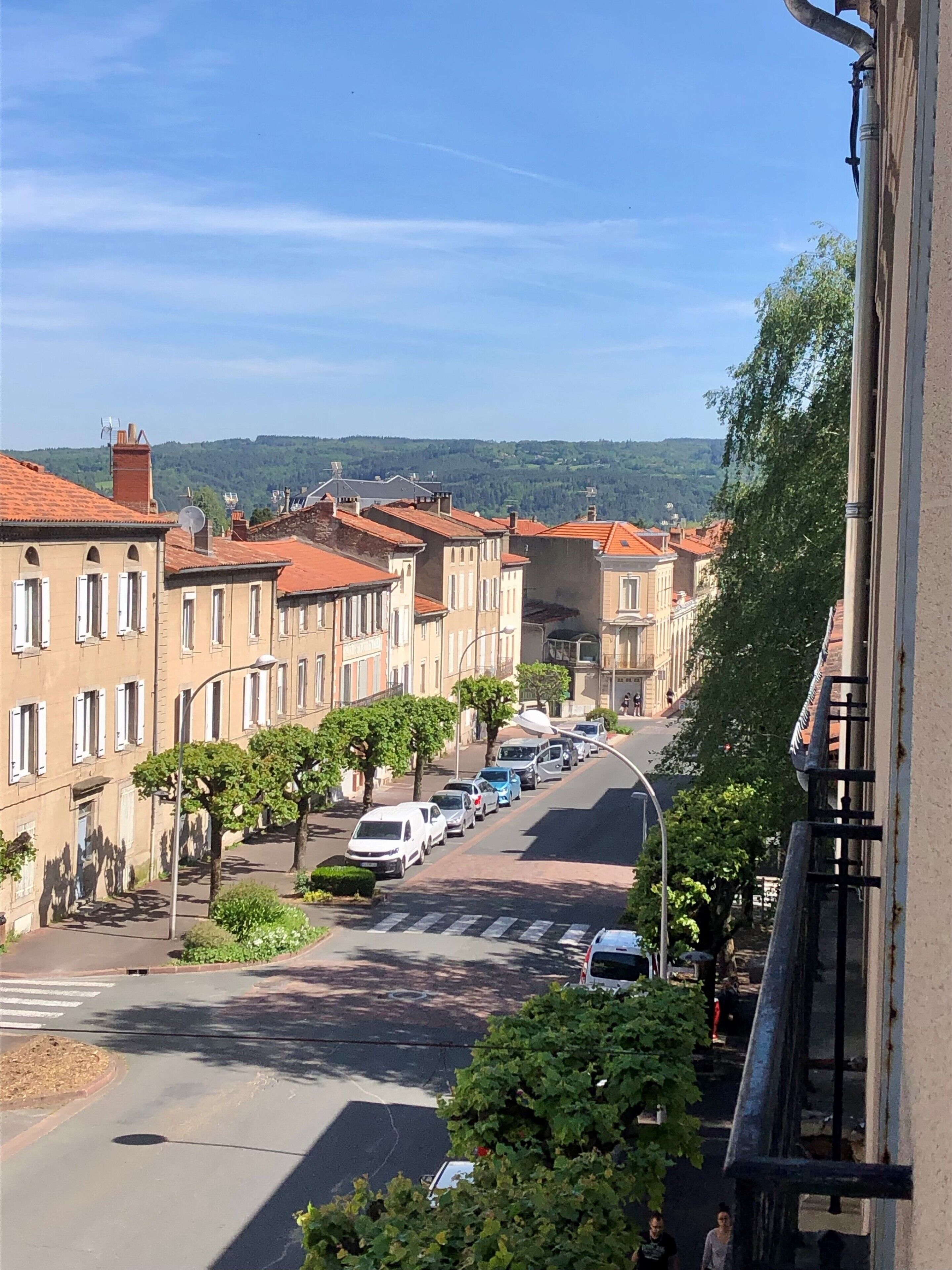 Vista de una calle con edificios, coches y árboles.