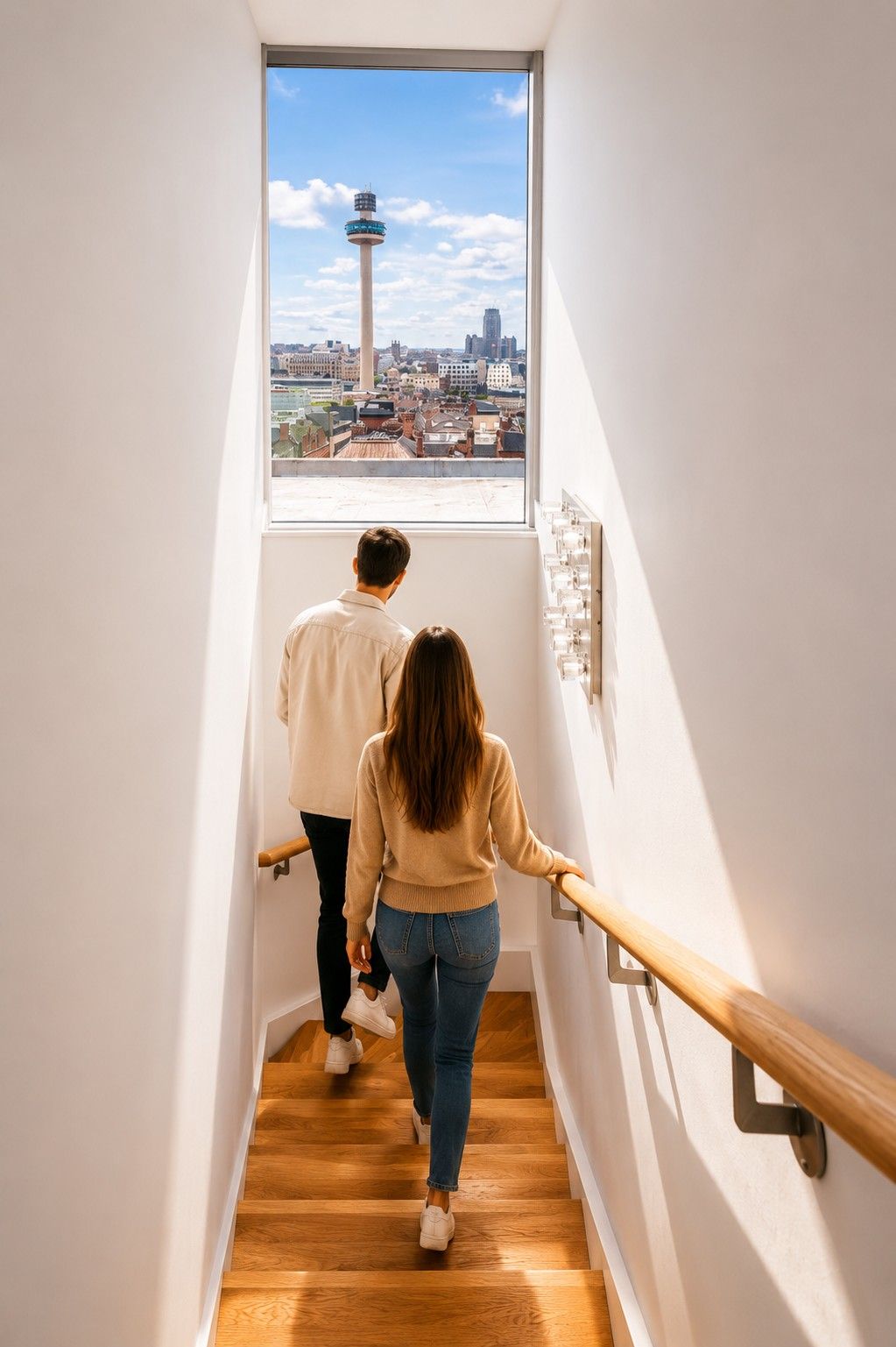 A staircase with a view of a tower and cityscape through a window.