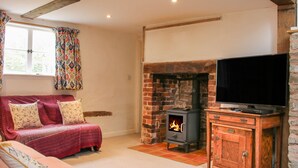 A cozy living room with a fireplace, a sofa, a television, and a cabinet. - Denbigh Hall (Leominster)