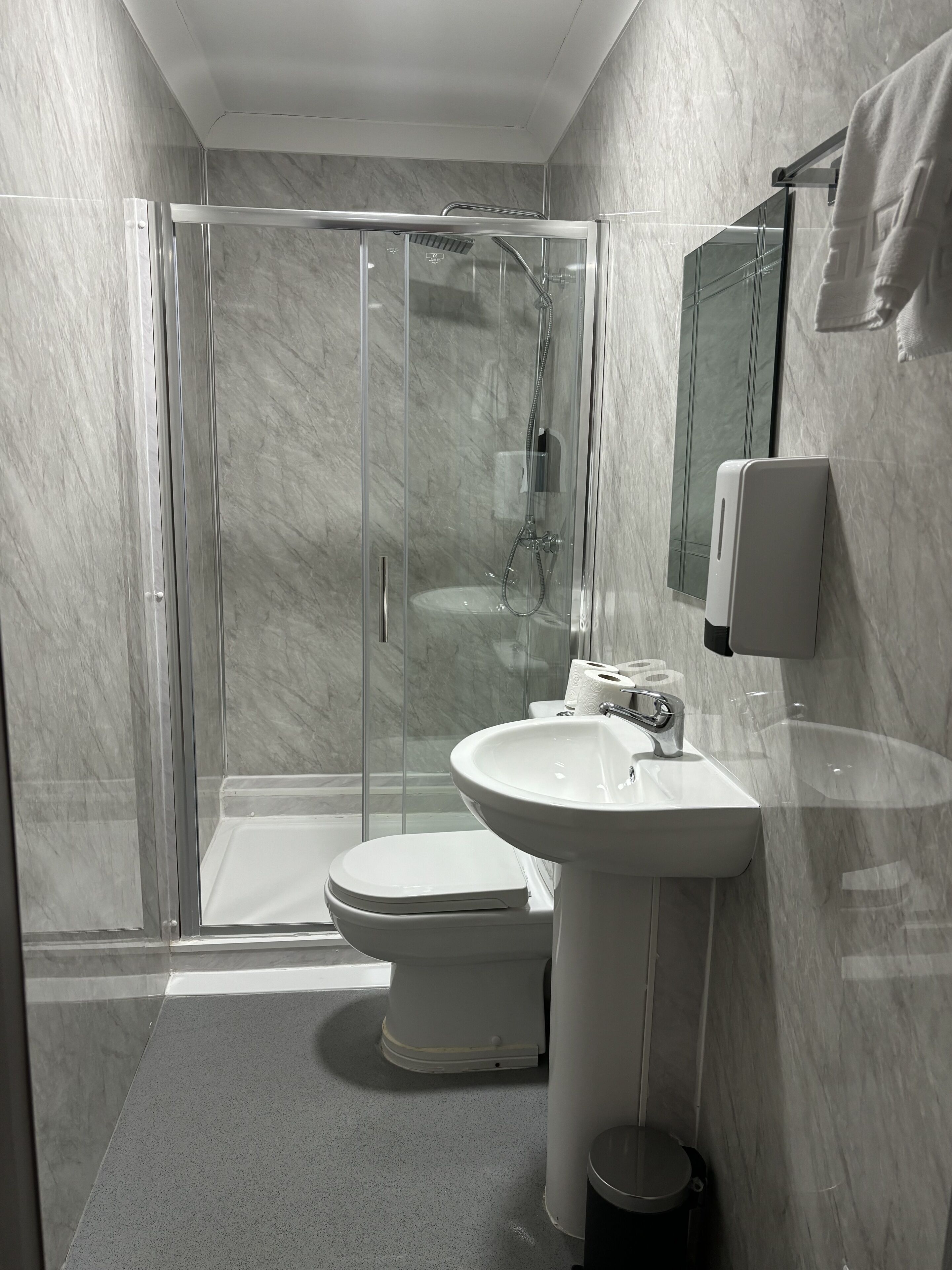 A modern bathroom with a glass-enclosed shower, a white sink, and a toilet.