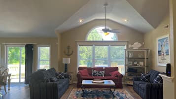 Smart TV, fireplace, DVD player, books