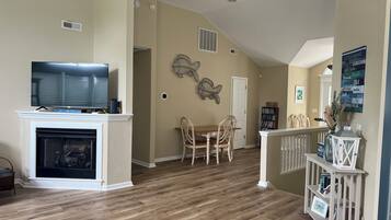 Smart TV, chimenea, reproductor de DVD y libros