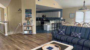 Smart TV, fireplace, DVD player, books