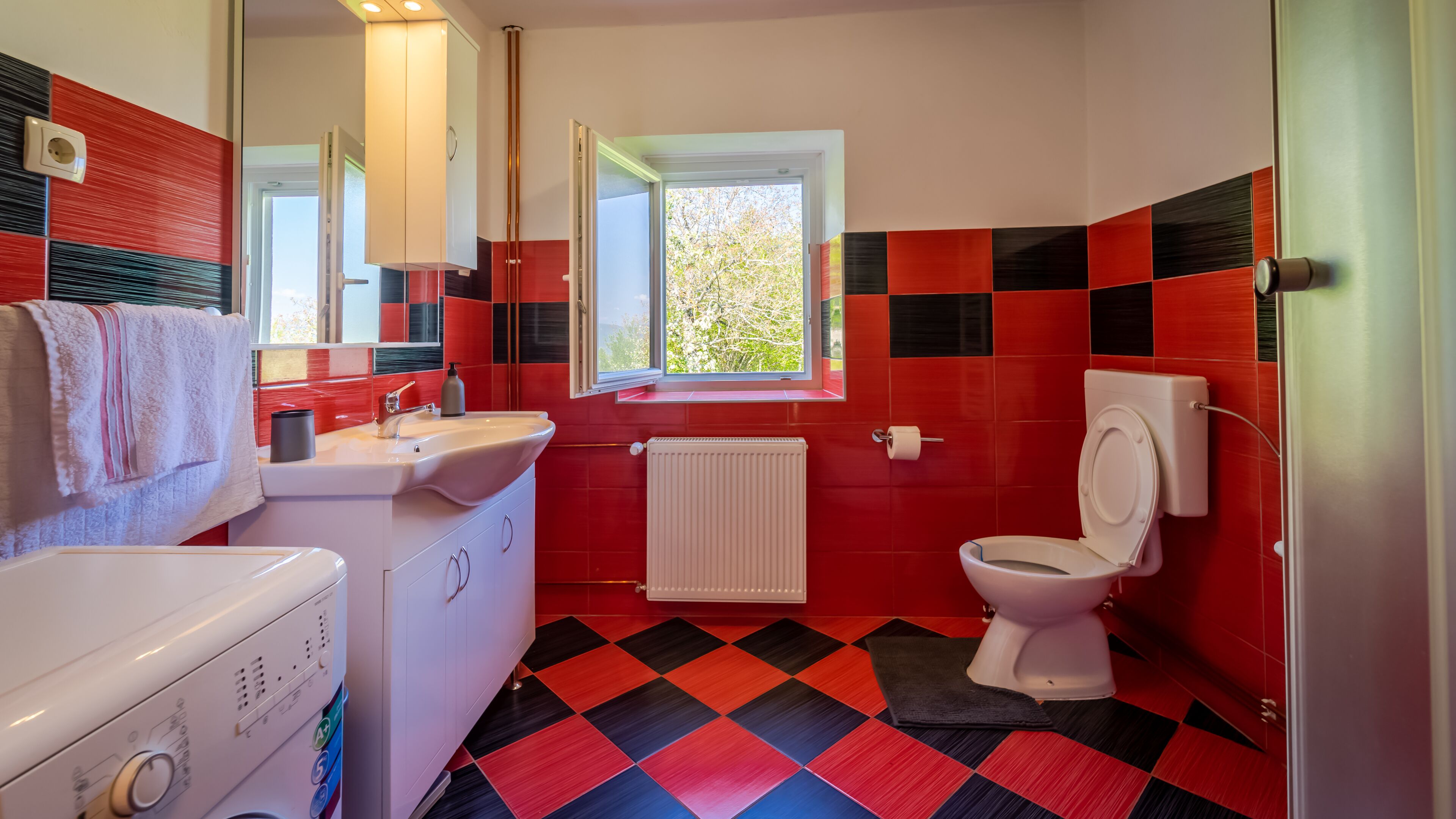 Shower, hair dryer, bidet, towels