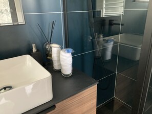 Shower, towels, soap, toilet paper
