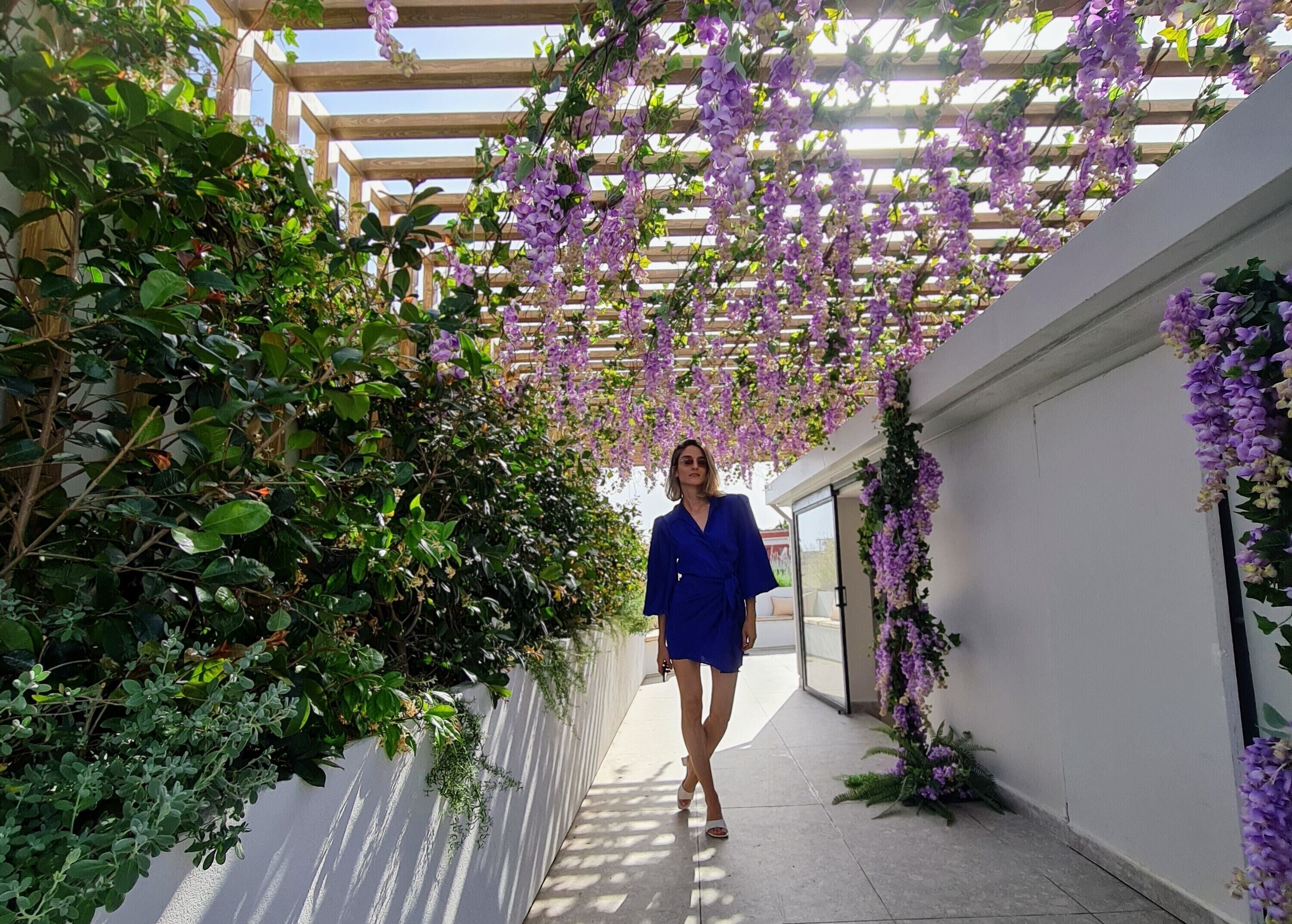 A corridor with a wooden pergola and purple flowers, leading to a glass door.
