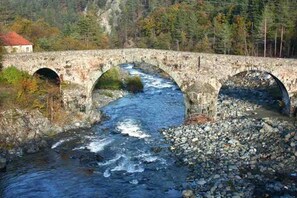 Eine Stebrücke über einem Fluss, im Hintergrund ein Haus.