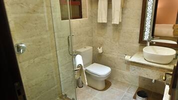 A bathroom with a glass-enclosed shower, a toilet, a sink, and a mirror.