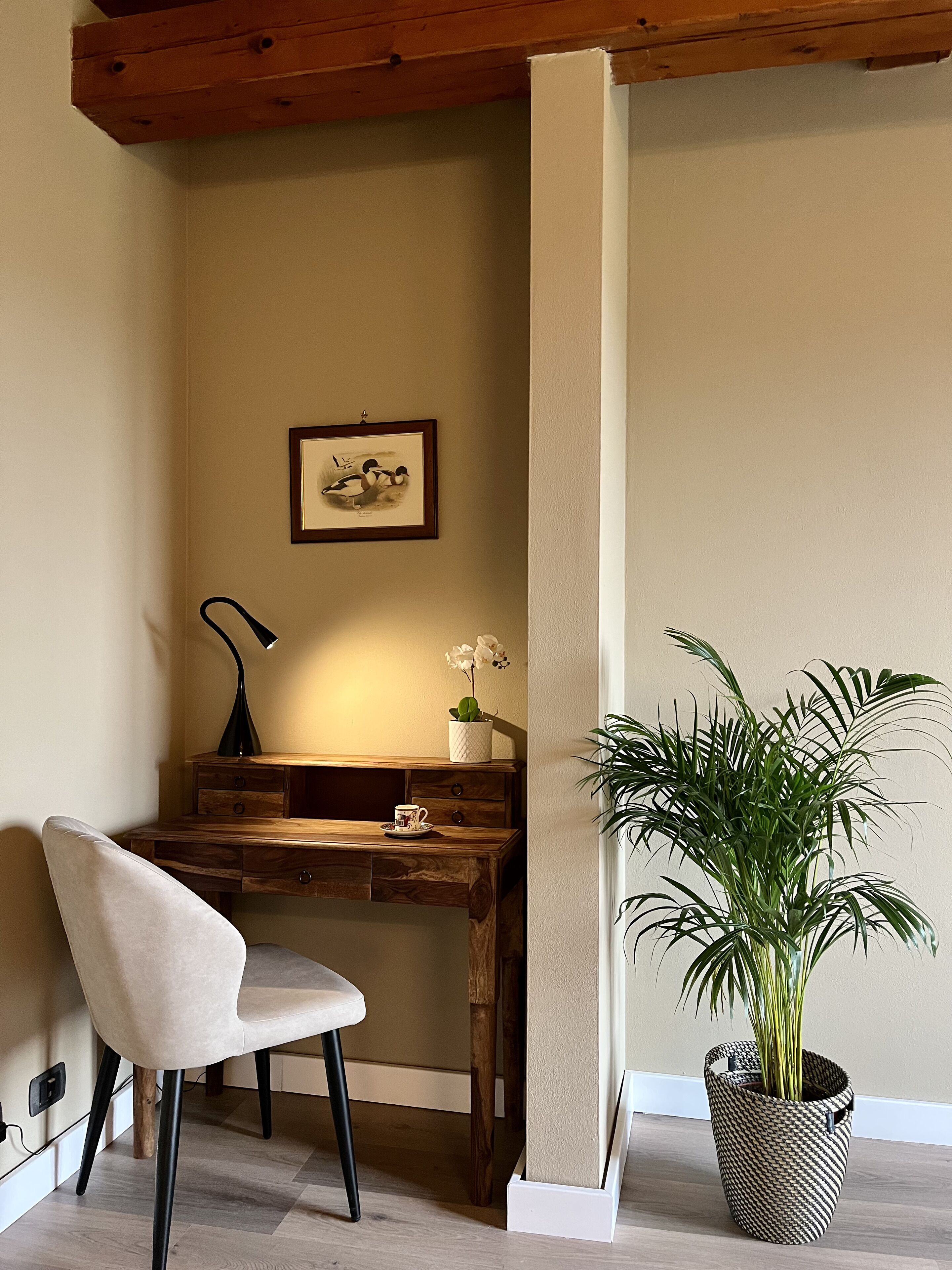Une pièce d’angle avec un bureau en bois, une chaise, un tableau encadré au mur, une lampe, une petite plante en pot et une grande plante en pot.