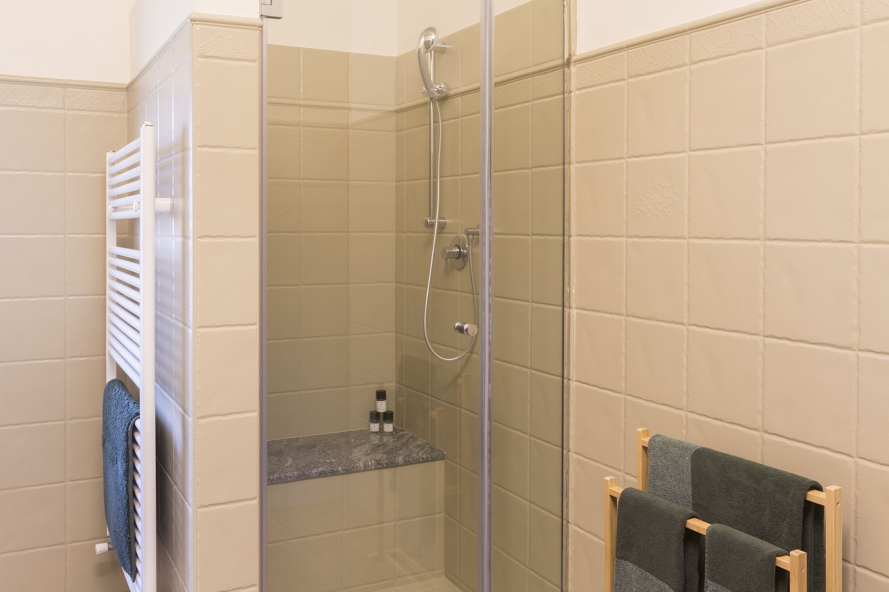 A shower area with a glass door, a towel rack, and a shelf with toiletries.