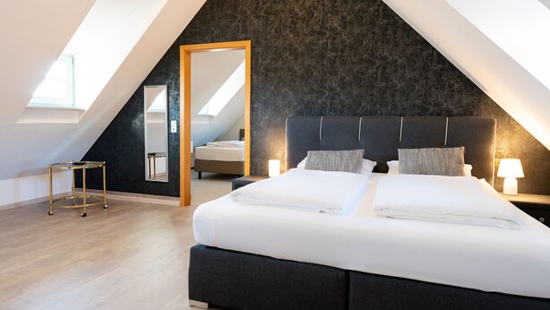 Een moderne slaapkamer met een groot bed, een donker hoofdeinde en een dakraam.