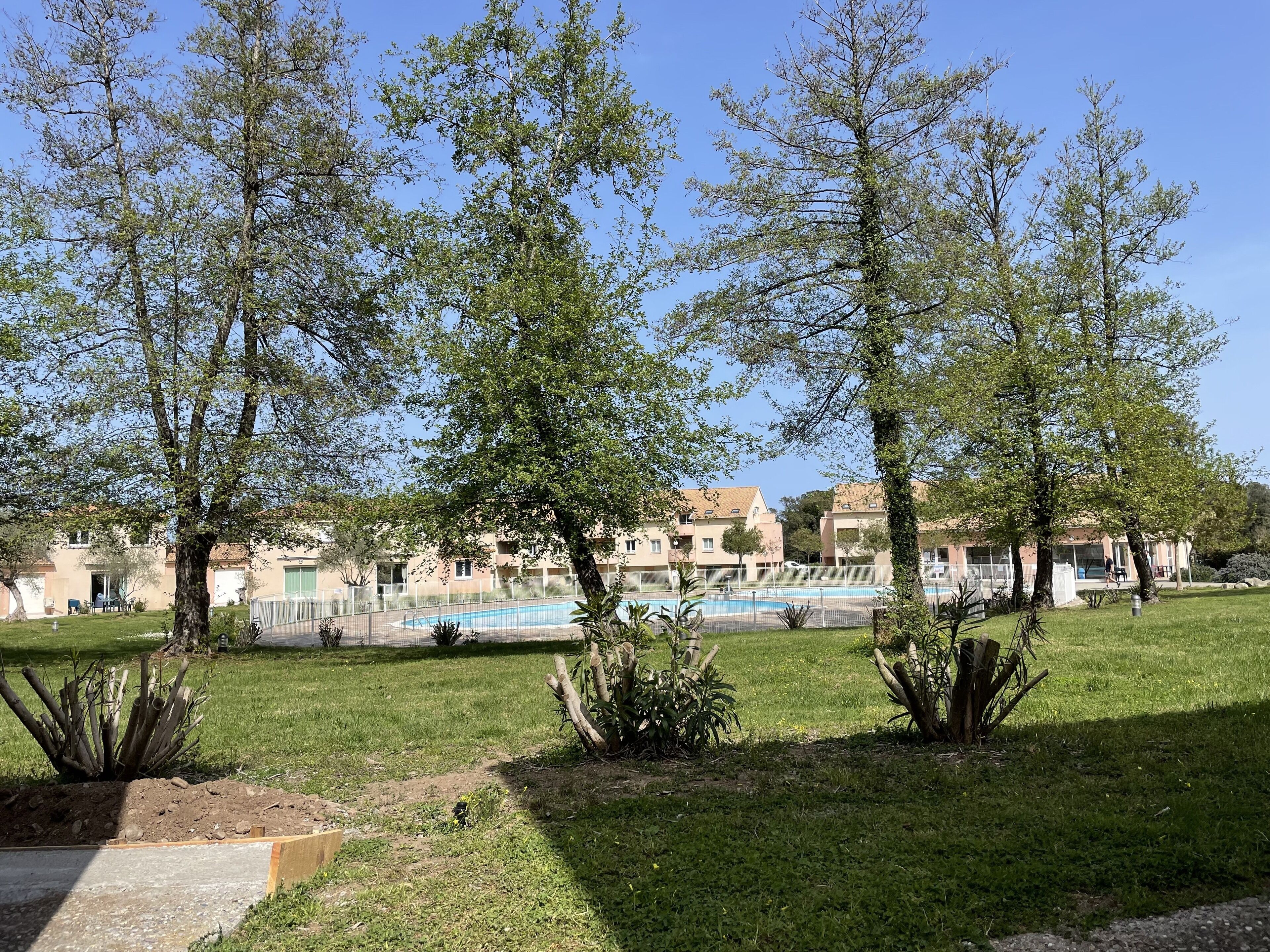 Una piscina rodeada de árboles y un edificio con varios balcones.