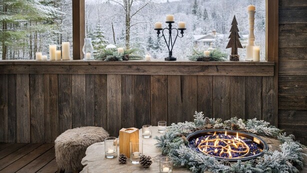 A cozy cabin interior with a wooden deck, a fireplace with a fire, and a snowy forest view through the window.