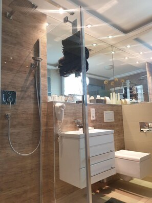 Shower, hair dryer, towels, soap