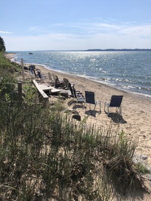 On the beach, sun-loungers, beach towels