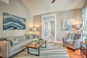 TV, fireplace, books