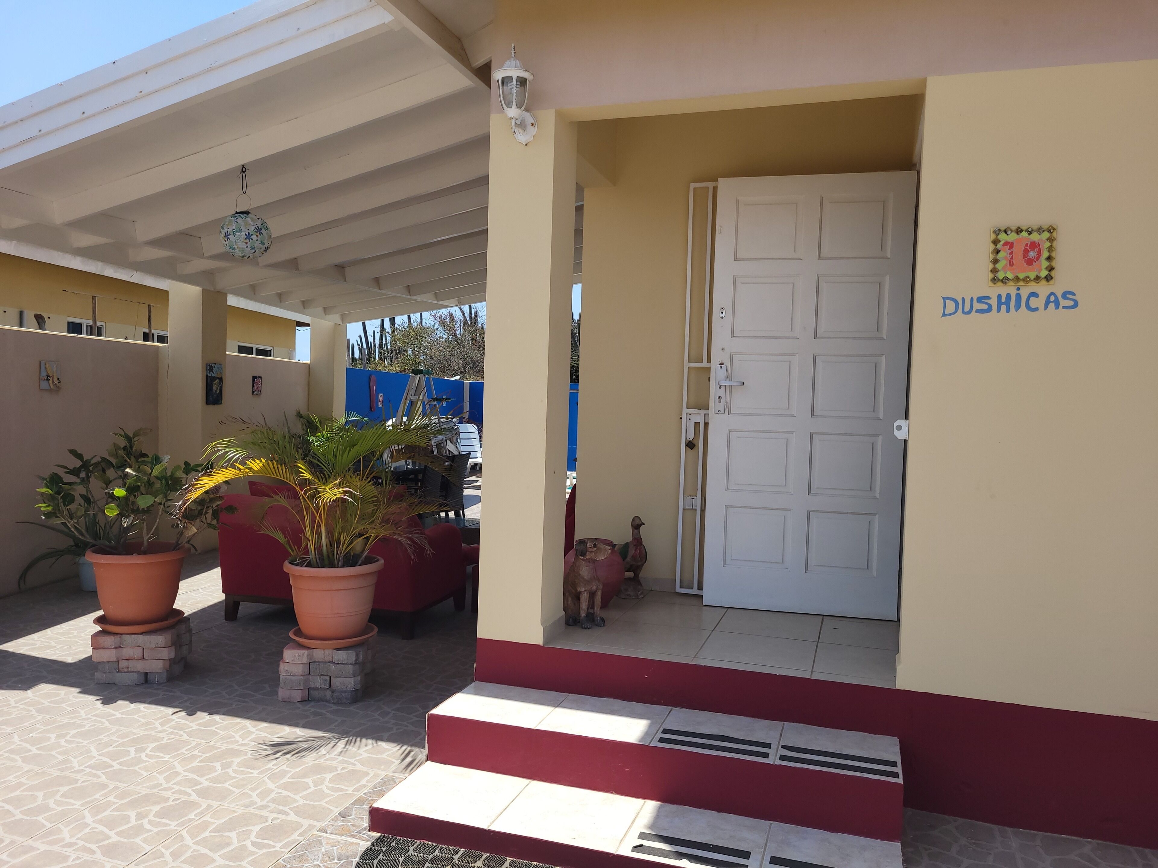 Une entrée d’immeuble avec une porte blanche portant l’inscription « DUSHICAS », des plantes en pot et un patio couvert.