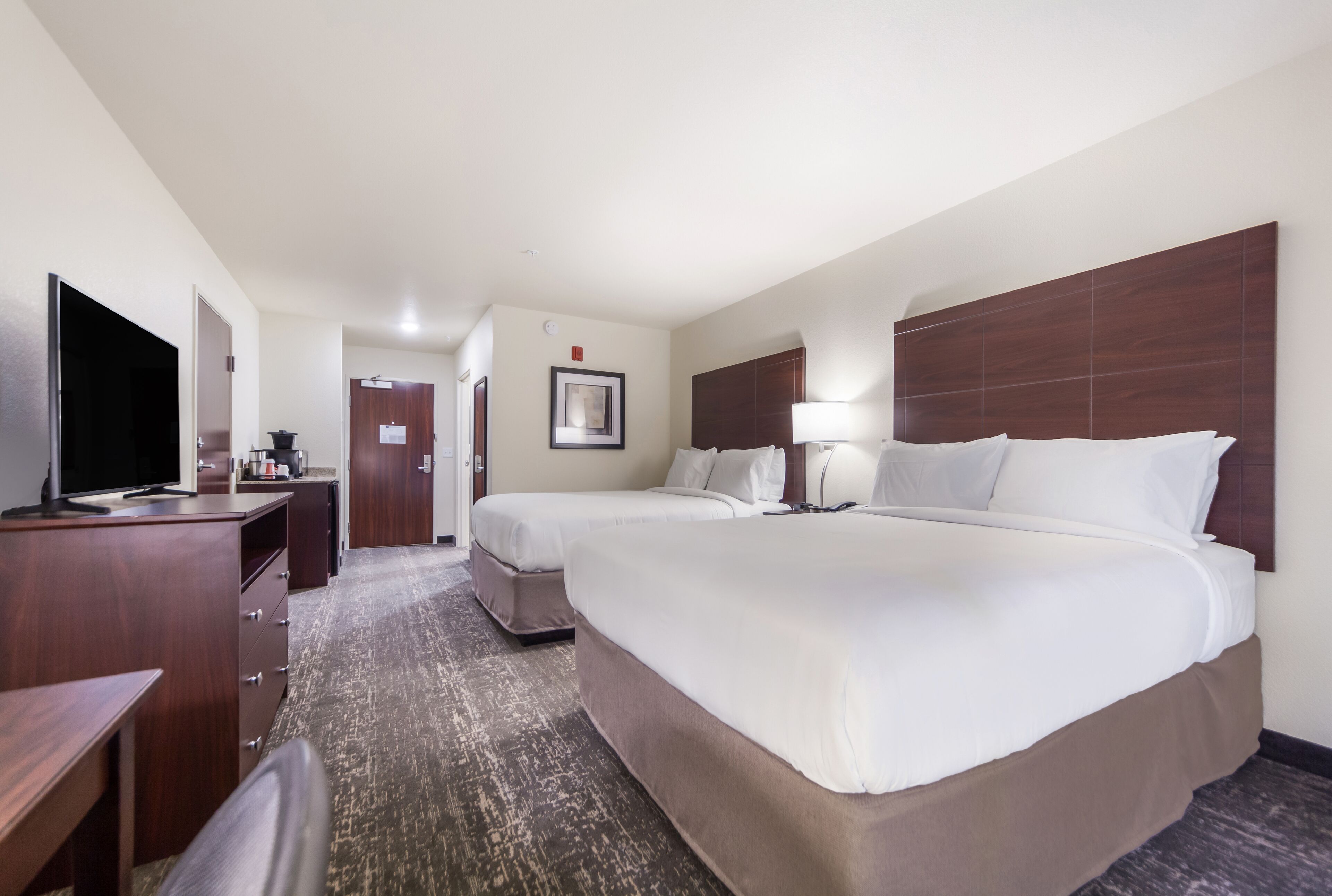 A hotel room with two beds, a desk with a TV, a dresser, and a carpeted floor.