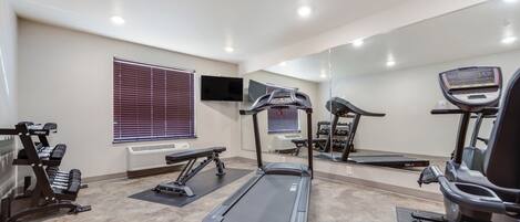 A gym with treadmills, weight machines, and a large mirror.