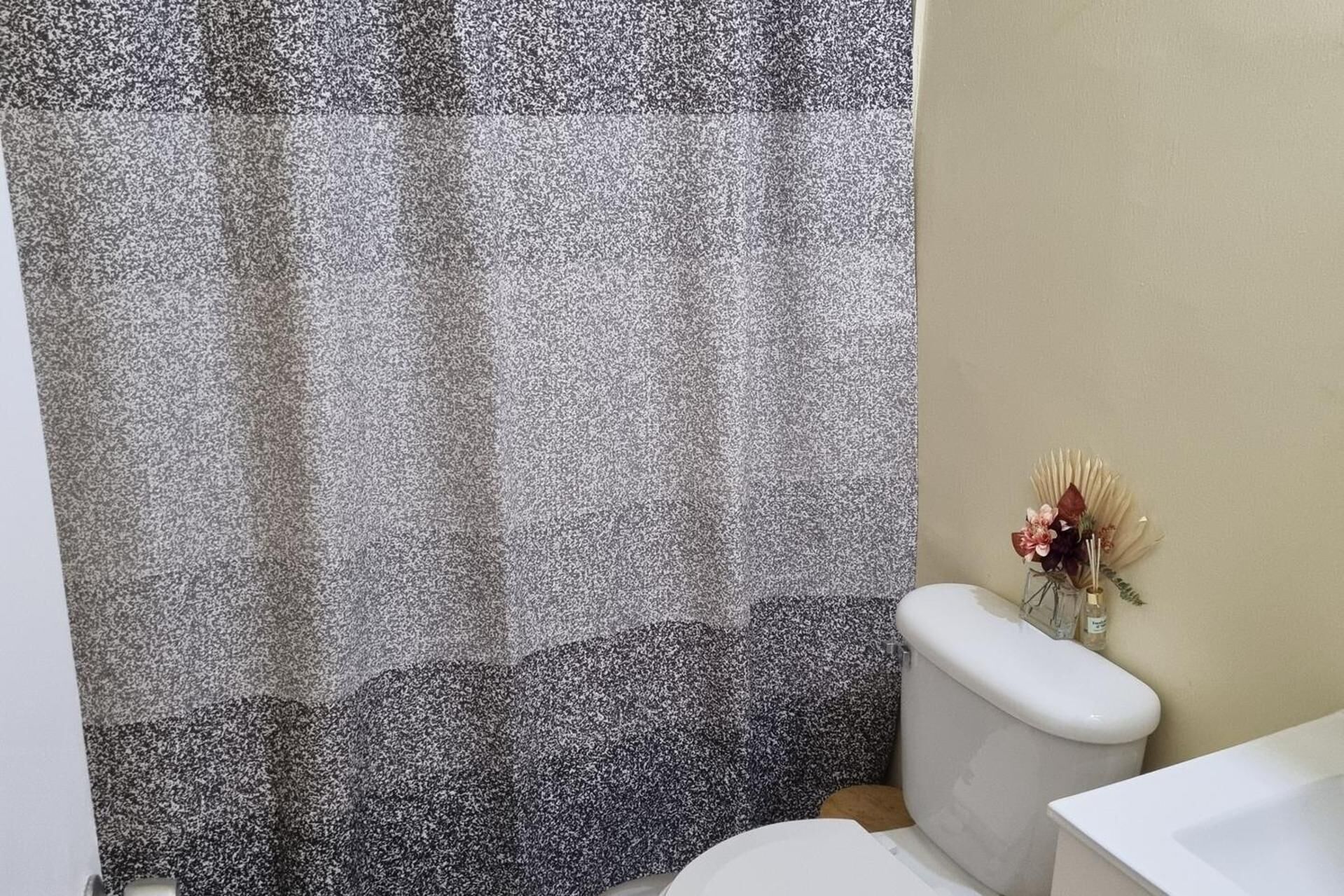 Combined shower/tub, deep soaking tub, towels, shampoo