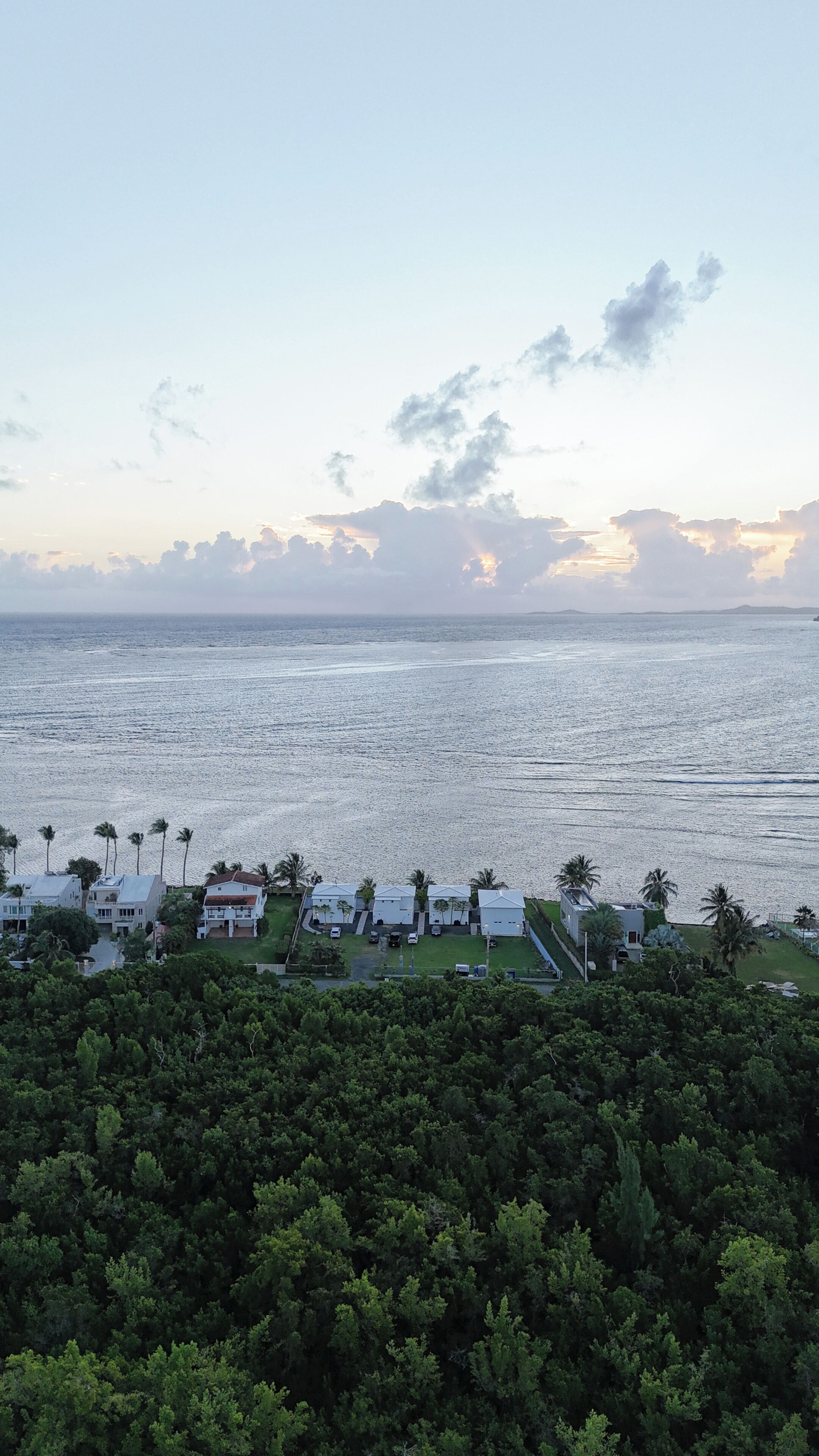 Ein Küstenblick mit blauem Himmel, ruhigem Meer und einer Wohngegend mit Häusern und Grünflächen.