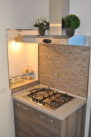 Una cocina compacta con estufa a gas, un protector contra salpicaduras con diseño de mosaicos y una pequeña planta en maceta sobre la encimera.