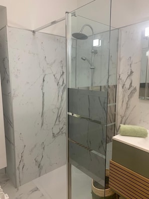 Shower, hair dryer, towels
