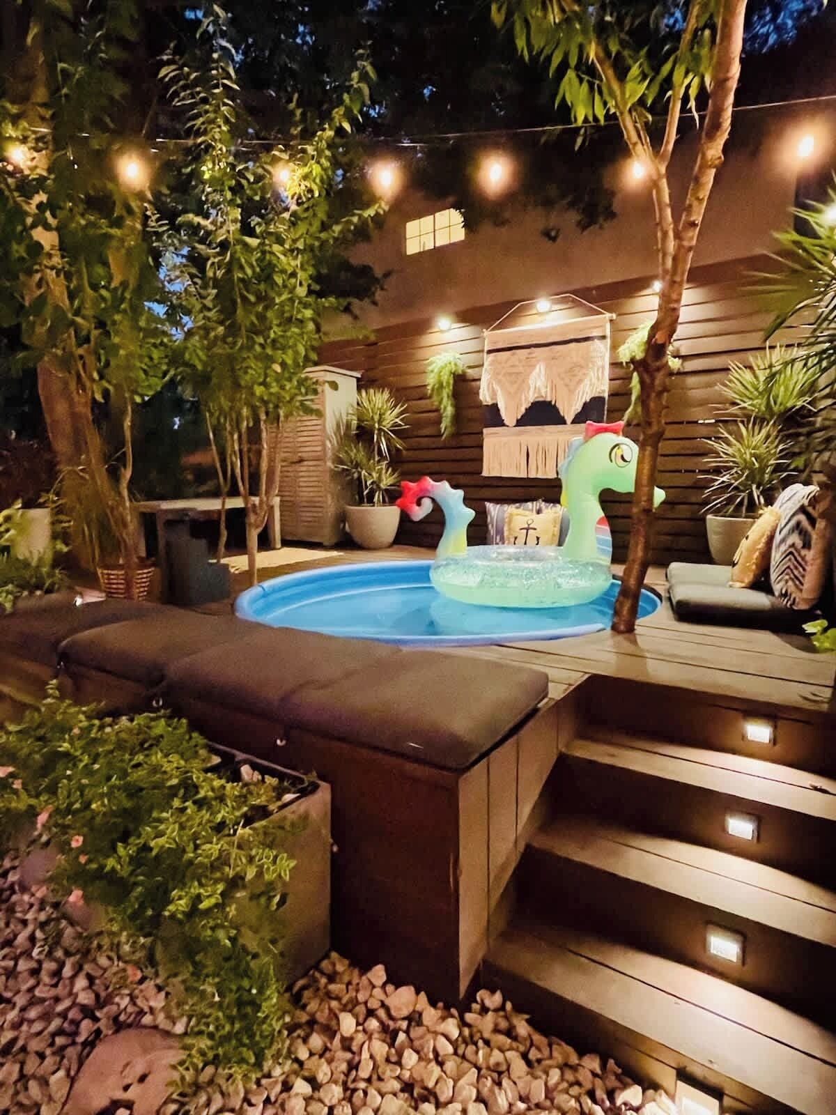 The stock tank pool is perfect to enjoy at night too. 