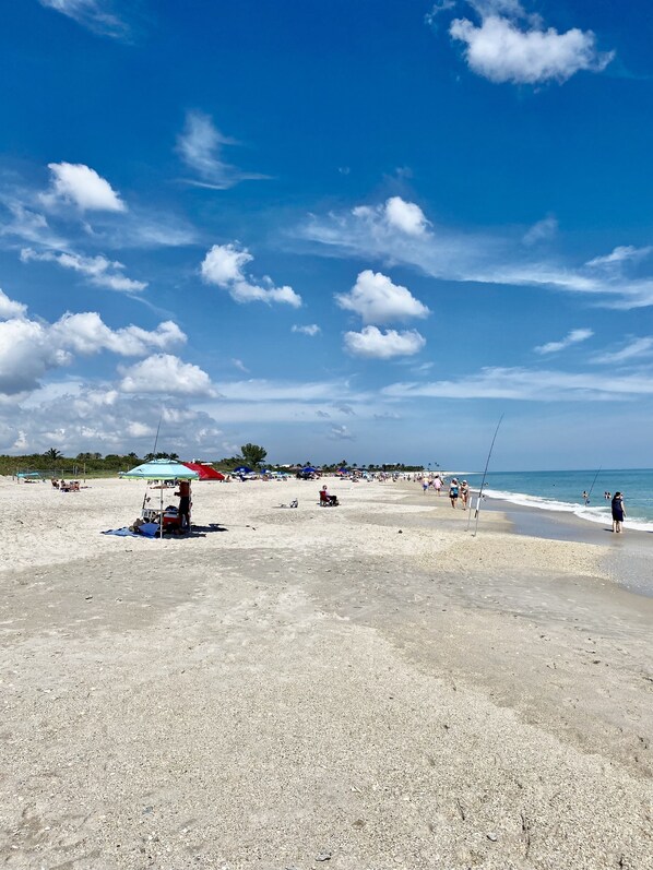 A beach with a clear sky, people walking, and fishing rods.