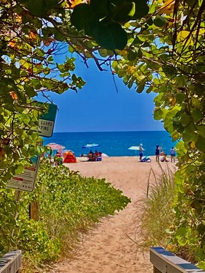 A beach path leading to a sandy area with people and tents.