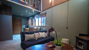 A modern living room with a dark sofa, a wooden coffee table, a potted plant, and a wood-burning stove.
