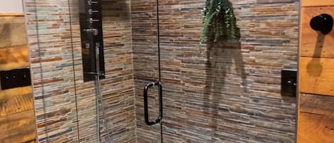 Shower, jetted tub, hair dryer, towels