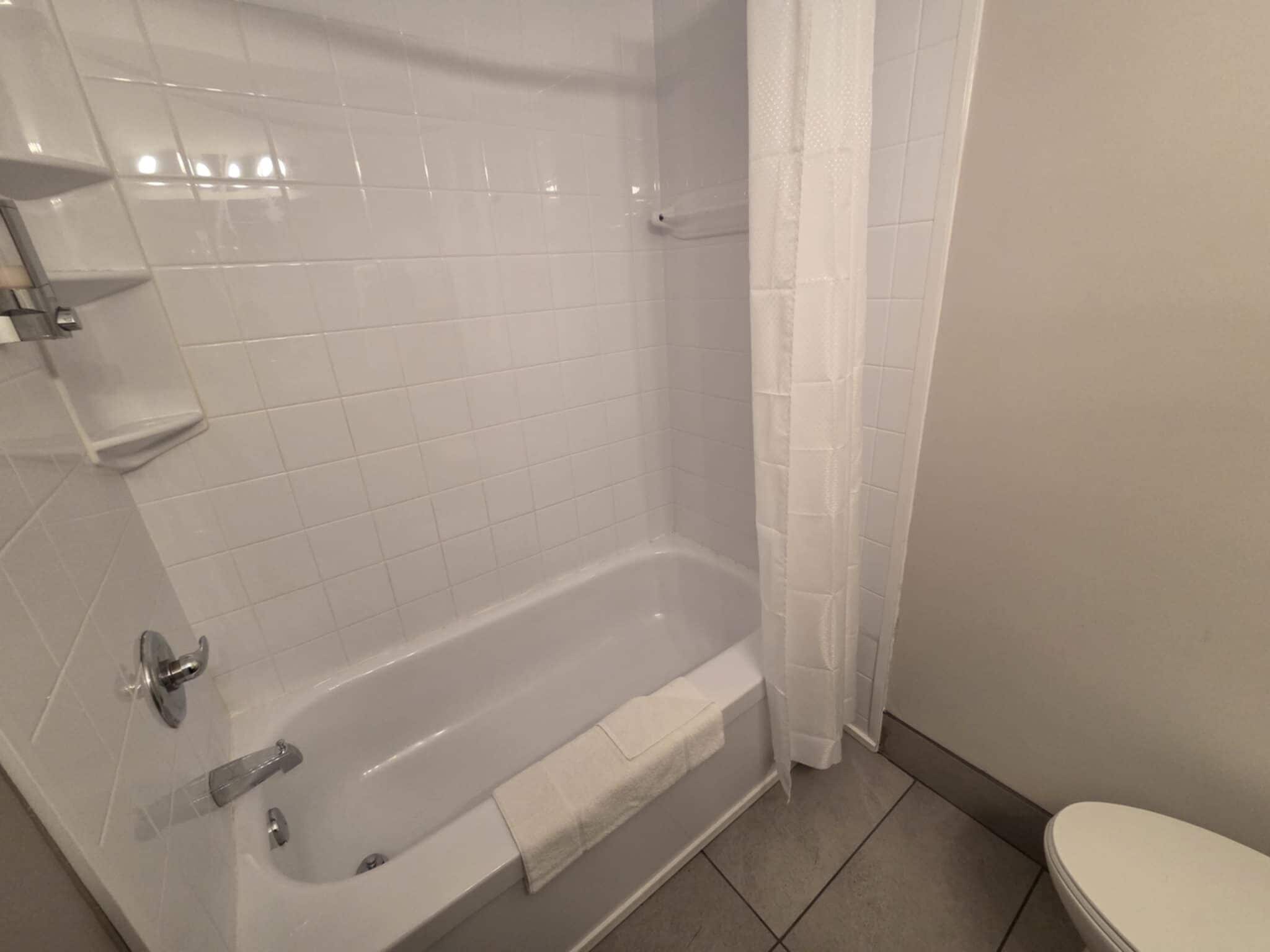 A bathroom with a bathtub, a toilet, and a shower curtain.