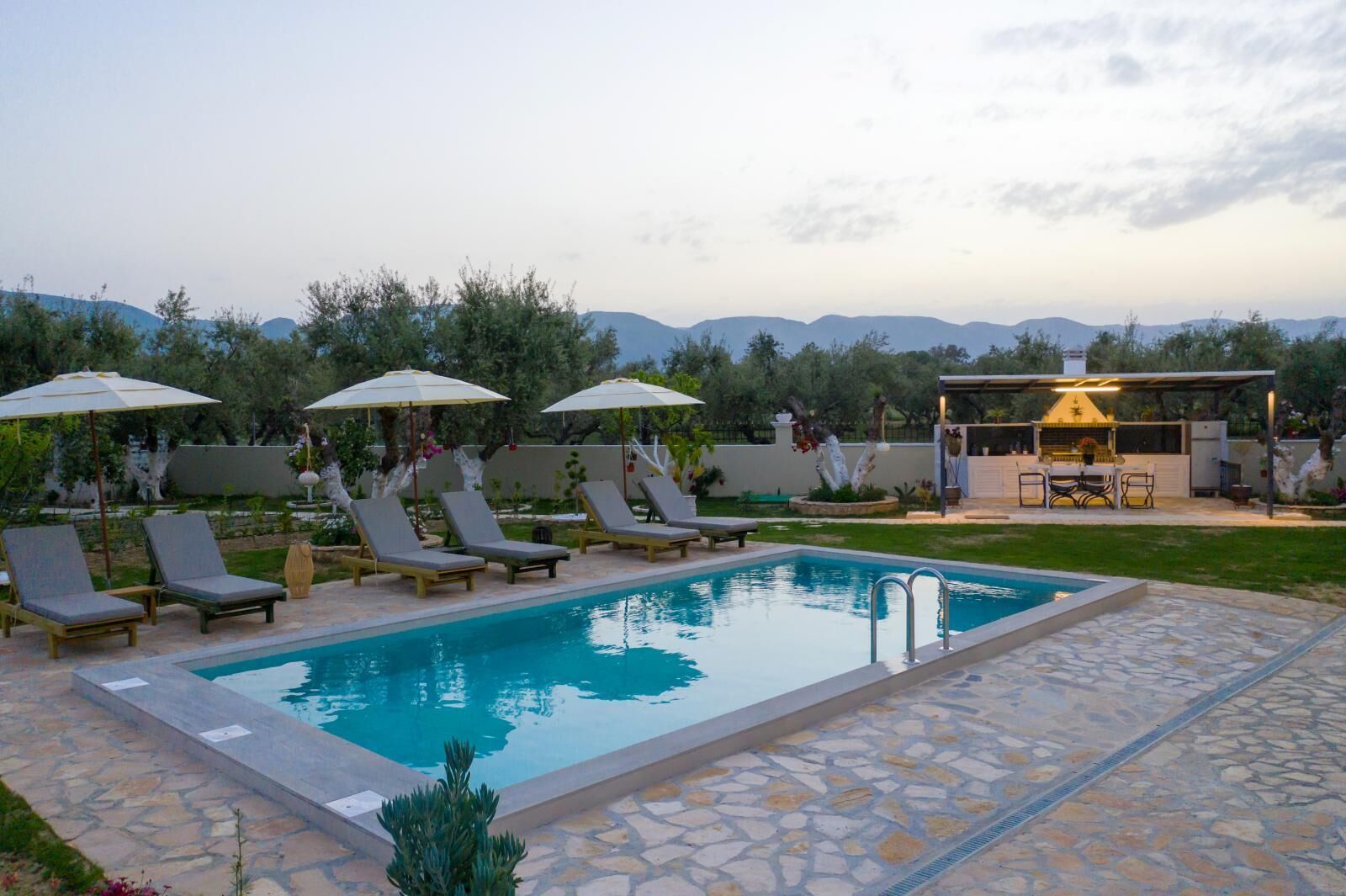 A swimming pool with lounge chairs and umbrellas, a barbecue area, and a view of mountains.