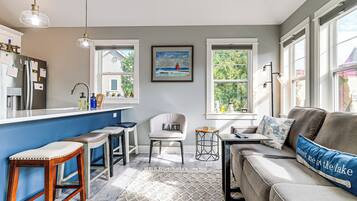 TV, fireplace, books