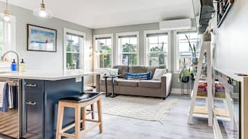 TV, fireplace, books