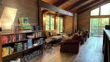 Een open haard, een dvd-speler, boeken en een filmbibliotheek