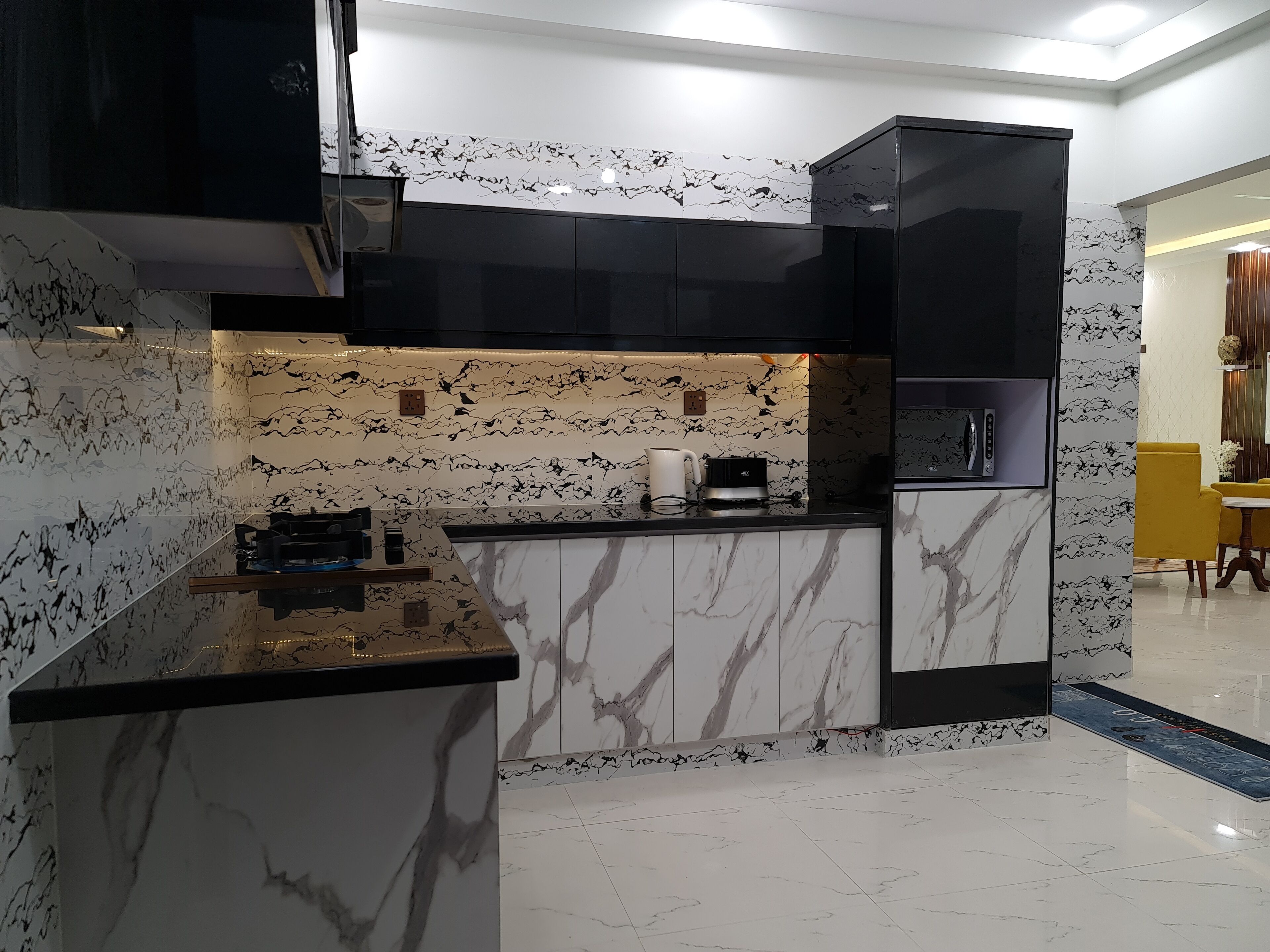 Fridge, microwave, stovetop, electric kettle